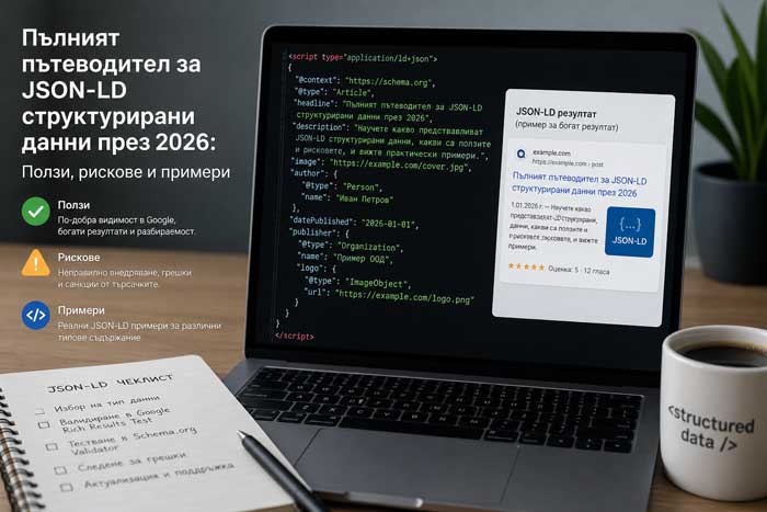 Пълният пътеводител за JSON-LD структурирани данни през 2026: Ползи, рискове и примери