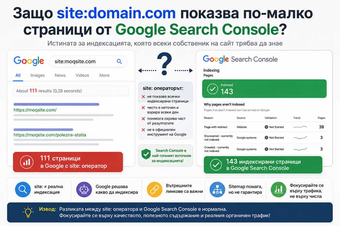 Защо site:domain.com показва по-малко страници от Google Search Console?