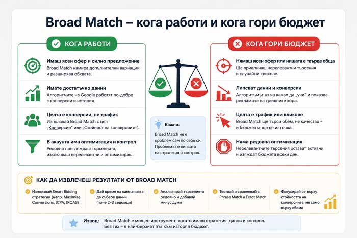 Broad Match – кога работи и кога гори бюджет