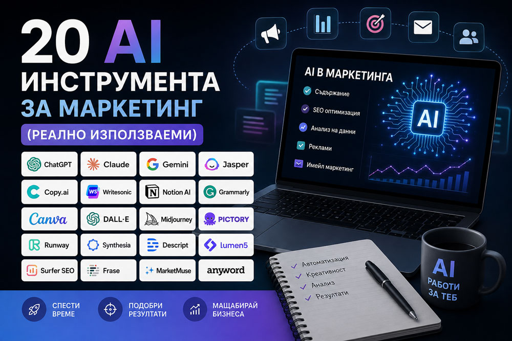 20 AI инструмента за маркетинг (реално използваеми)