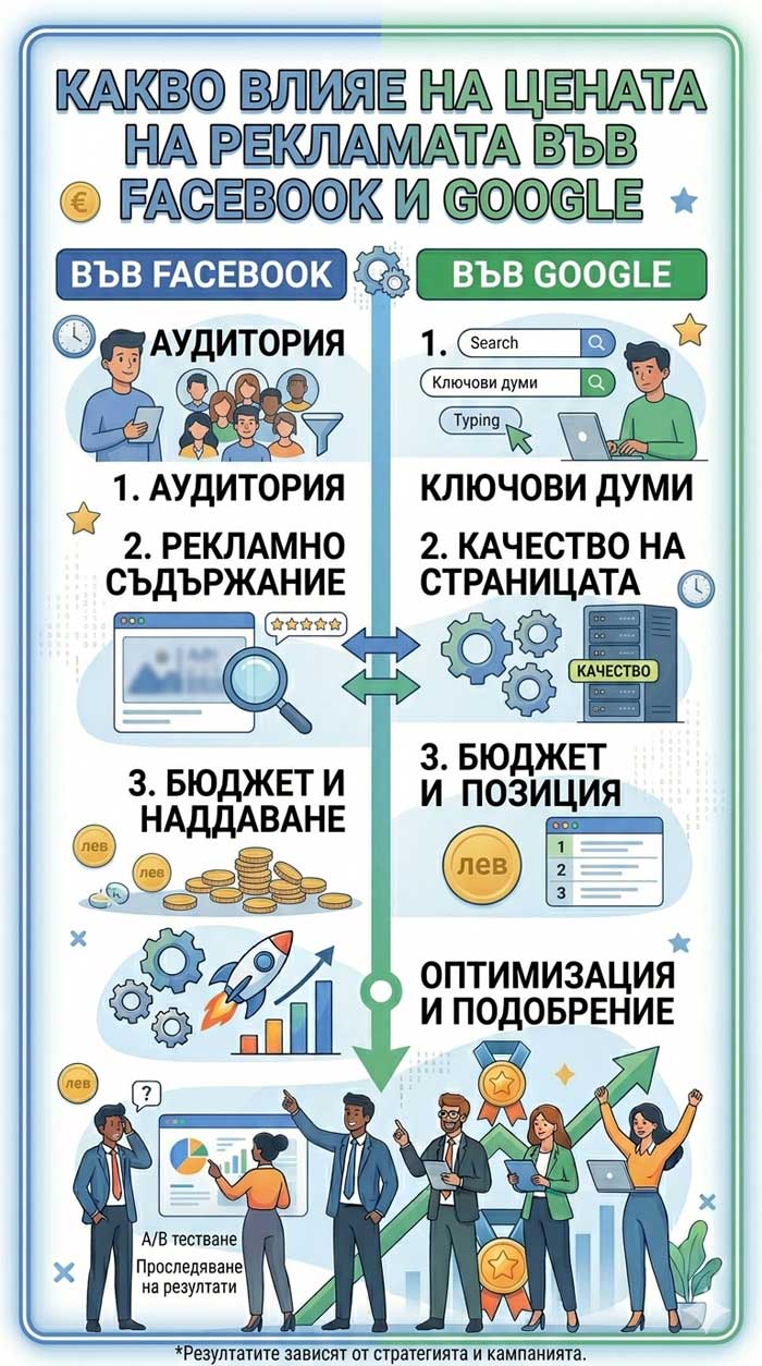 Какво влияе на цената на рекламата във Facebook и Google – подробно ръководство с примери