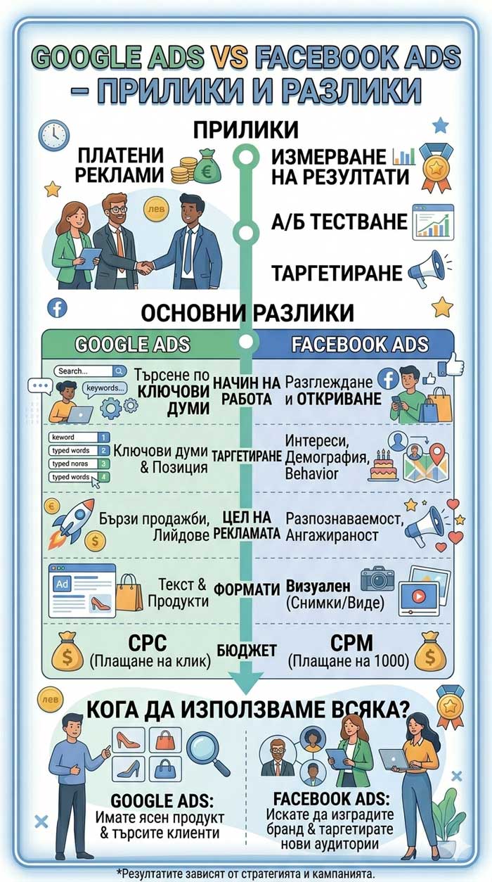 Google Ads vs Facebook Ads – прилики и разлики (много подробно с примери)