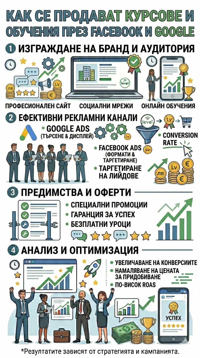 Как се продават курсове и обучения през Facebook и Google – подробно ръководство с примери